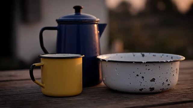 Rustic enamel camping kitchenware sits on a wooden table