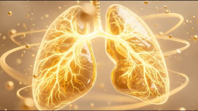Glowing human lung anatomy, detailed internal structure, surrounded by abstract golden particles, suitable for medical, health, science, and biotechnology content.