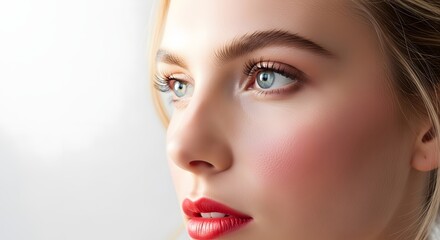 Fototapeta premium Close-up portrait of a woman with bright red lipstick and blue eyes