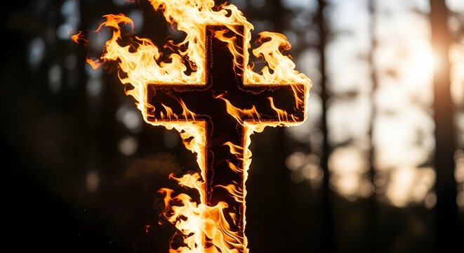 Burning cross with flames in dark forest background