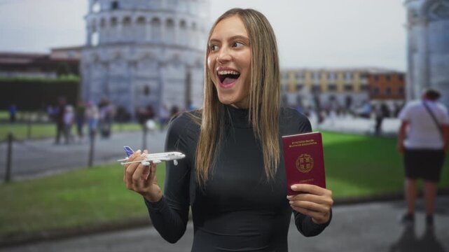 Young hispanic woman holding a model airplane and a passport in front of a historic building with tourists visible; travel excitement.