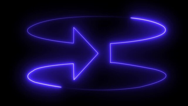 Glowing neon mask double arrow animation .neon double arrow animation. Flashing arrow shape symbol with glowing neon light running around the arrow symbol on a black background 4k video .