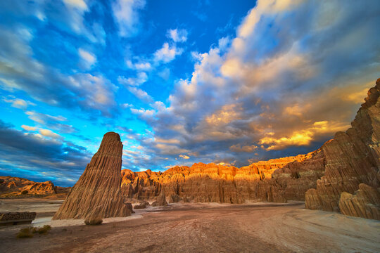 Cathedral Gorge Rock Formation Dramatic Sky and Golden Hour Light in Nevada