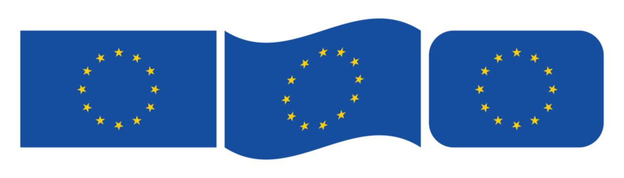 Set of european union flag icons in rectangle waving and rounded square shapes isolated on white background