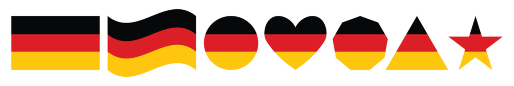 Set of german flag themed icons in different shapes including rectangle circle heart and star isolated on white background