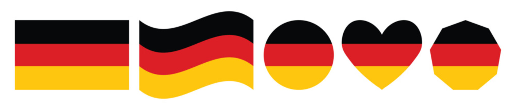 Set of german national flag icons in multiple shapes including rectangle wave circle heart and hexagon isolated on white background