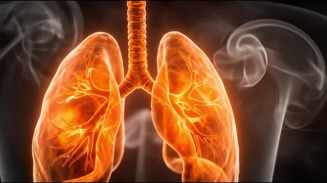 Glowing human lungs with trachea and smoke, suitable for medical education, health campaigns, science illustration, and disease awareness.