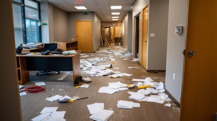 Messy Office Space with Exposed Wiring and Papers Scattered Everywhere