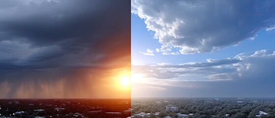 Half of earth shows storm with thunder and rain while the other side shows bright sun over a cityscape in split-screen design with gradient colors