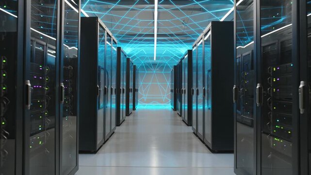 Data center server room with blue lights and computer servers