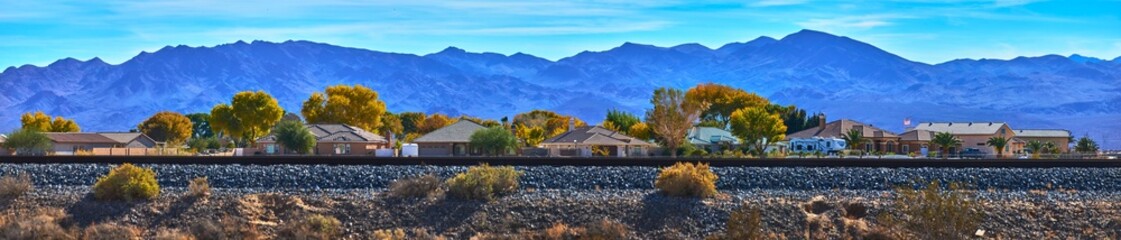 Panorama Residential Neighborhood Railroad and Mountain Landscape in California Fall