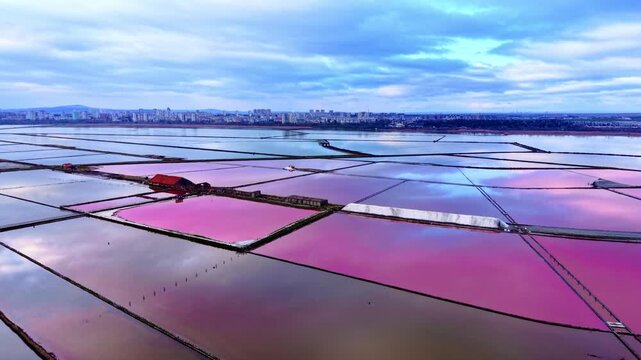 Geometric salt pans with vibrant pink water under a cloudy sky, city skyline in the distance. Aerial view of pink salt evaporation ponds near city coast.