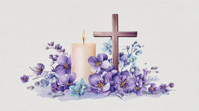 Flowers and candle with a cross for remembrance and reflection