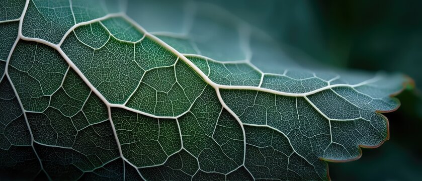 Close-up of veins on a green leaf showing sunlight through patterns and shadows with blurred background and high-resolution detail