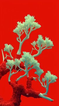 Surreal tree sculpture with red textured trunk and green leaves on red background.

