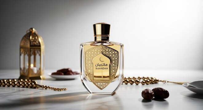 Elegant perfume bottle with dates and decorative elements on a white surface