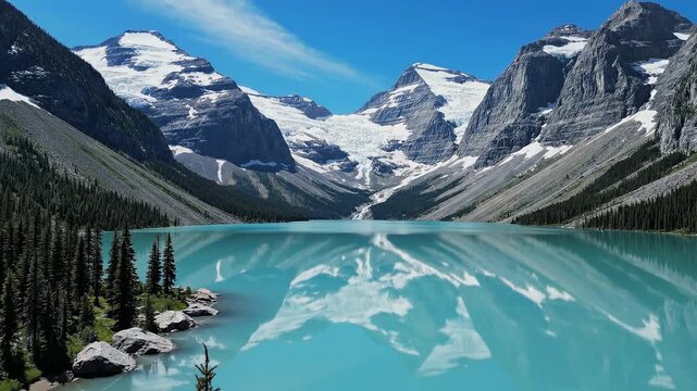 Slow Zoom In on a Stunning Turquoise Glacial Lake and Snow-Capped Mountains in Alberta, Canada