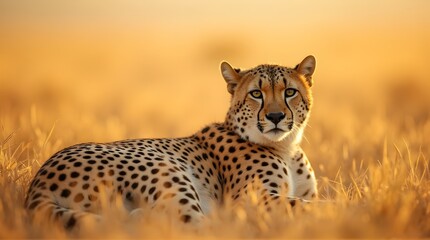 Majestic cheetah resting serenely in golden savanna grasses during a warm and beautiful sunset hour