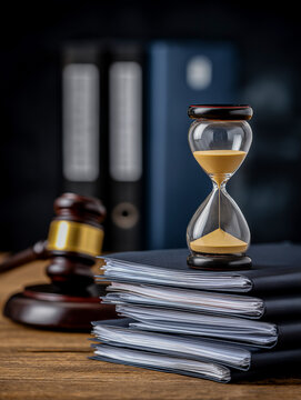 Hourglass sits atop a large stack of legal documents next to a wooden gavel and pen on a desk, representing time and legal proceedings