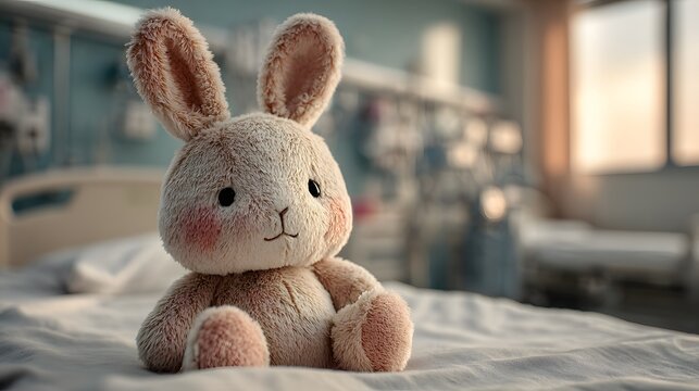 Plush bunny toy on hospital bed in pediatric ward as comfort symbol for sick child care and recovery in soft beige and warm morning light