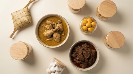 Traditional Festive Asian Food Flat Lay with Rice Cakes, Beef Stew and Holiday Cookies