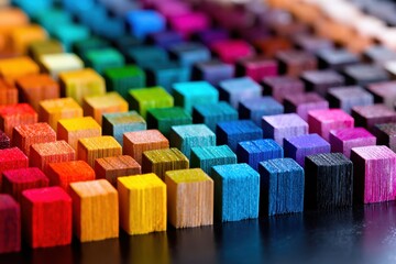 Fototapeta premium Colorful arrangement of wooden cubes showcases a vibrant spectrum of hues for artistic projects