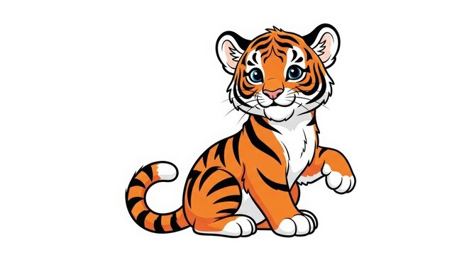 A cartoon tiger cub sitting with a friendly expression on a white background.