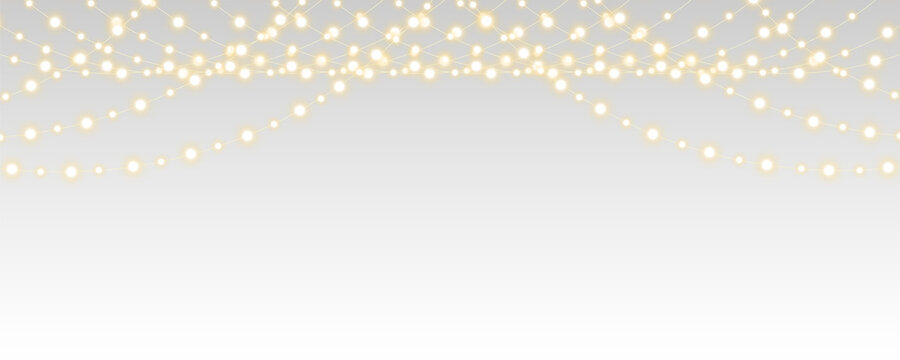 Glowing string lights or Christmas light garland LED lamps PNG with bright white yellow bulbs illumination for wedding festive event celebration decoration on transparent background