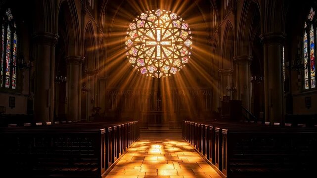 Sunlight streams through a large stained glass rose window in a gothic church, illuminating the aisle with divine light.