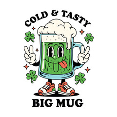 Vintage Cartoon Green Beer Mug Character with Shamrocks for St. Patrick's Day