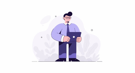 Obraz premium A stylized man in a suit holding a laptop, with abstract plant shapes in the background