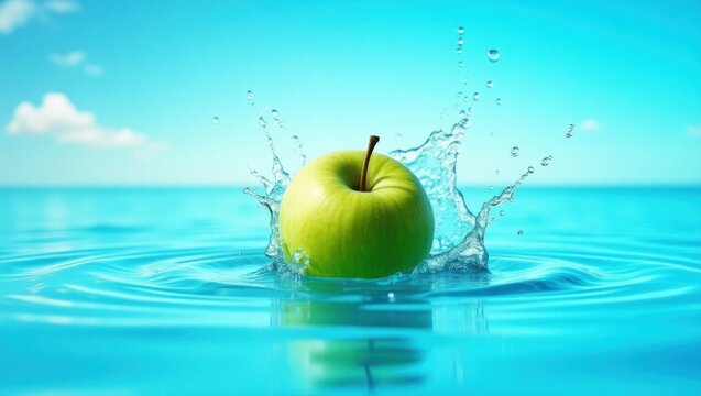 Una manzana verde brillante se sumerge en el agua cristalina