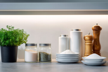 Bright kitchen scene with spices and fresh herbs arranged artfully