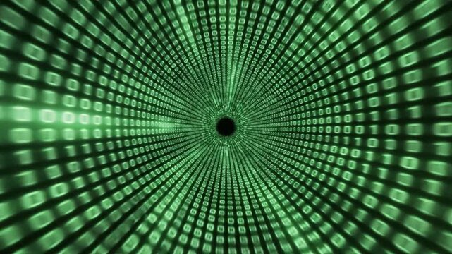 Green binary code tunnel creating a digital data flow into a central void