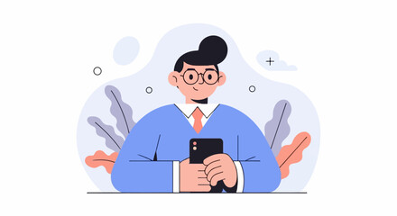 A stylized character with glasses and a tie holds a smartphone amidst abstract shapes and foliage