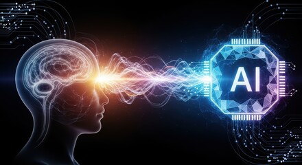 Obraz premium Human brain connected to artificial intelligence technology.