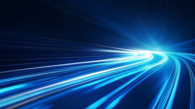 A vibrant blue light streaks through a dark background in a mesmerizing display of speed and technology