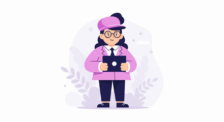 Stylized person with laptop wearing glasses and cap, pink jacket, dark trousers