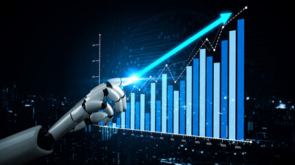 A robotic hand interacts with a rising bar graph, representing growth and progress in technology...