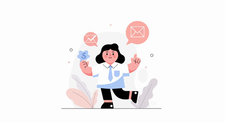Obraz premium Cheerful person with money symbol and email icons, surrounded by plants