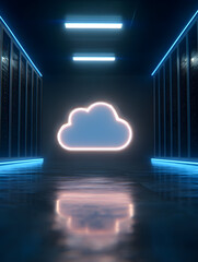 Glowing Cloud Computing Icon in Modern Data Center Server Room &ndash; Cloud Storage and Cybersecurity Concept