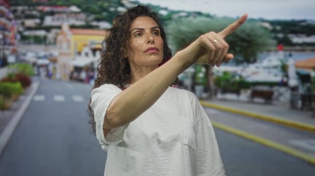 Hispanic woman pointing finger at building facade on urban street; determination confidence ambition resilience.