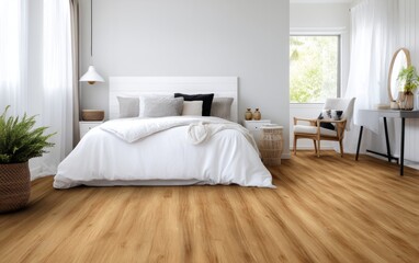 Fototapeta premium Modern Bedroom Interior with Fresh Flooring, Stylish Decor and Natural Light