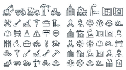 Collection of construction web icons featuring various tools, equipment, and safety symbols for use in digital projects © STM  2.0