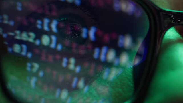 AI code on eyeglass glass, reflection on woman developer eyeglasses, working in dark office, tired busy people, depression on work, haker or it engineer with laptop, stocks markets. 