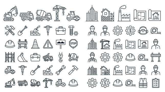 Collection of construction web icons featuring various tools, equipment, and safety symbols for use in digital projects