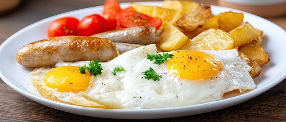 Sausages and eggs served with potatoes and tomatoes on a white plate in a rustic setting at breakfast time captured in high-resolution style