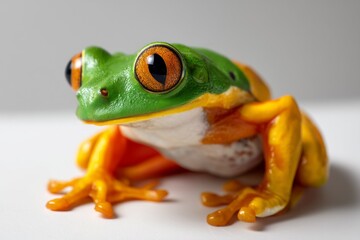 Obraz premium Vibrant Tropical Frog with Bright Green and Yellow Features on White Background