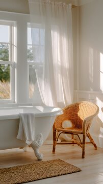 A bright and airy bathroom features a clawfoot tub, a wicker chair, and sheer curtains letting in sunlight