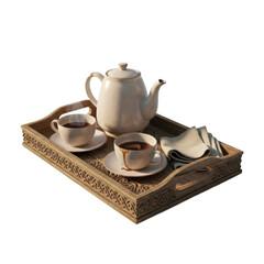 Tea set on a wooden tray with napkins